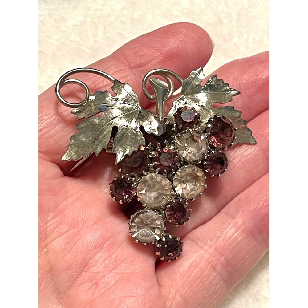 Vtg Park Lane Amethyst Rhinestones Grape Cluster Silverplated Brooch, Untested
